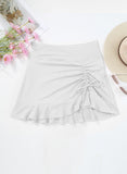 Emoswim-White Solid Color High Waist Pleated Skirt With One Side Tie Swim Short