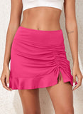 Emoswim-White Solid Color High Waist Pleated Skirt With One Side Tie Swim Short-Pink