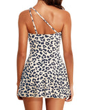 Emoswim - Women One Piece Swim Dress One Shoulder Swimsuit with Skirt-Leopard