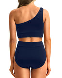 Emoswim-High-Waist One-Shoulder Tummy Control Bikini Set-Navy Blue