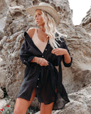 Emoswim - Black Solid Color Tie Sun-proof Belt Sexy V Neck Cover Up