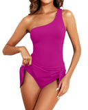 Emoswim - Women One Piece Swim Dress One Shoulder Swimsuit with Skirt-Pink