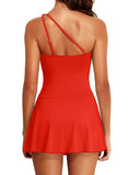 Emoswim-Women One Piece Swim Dress One Shoulder Swimsuit with Skirt-Red