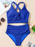 Emoswim-Ribbed Twist-Front Longline High-Waist Bikini Set DGHW2901-Royal Blue