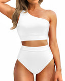Emoswim-High-Waist One-Shoulder Tummy Control Bikini Set-White