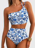 Emoswim - Women's High Waisted Bikini Sets One Shoulder Floral Print Swimsuits 2 piece Tummy Control Bathing Suits