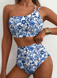 Emoswim - Women's High Waisted Bikini Sets One Shoulder Floral Print Swimsuits 2 piece Tummy Control Bathing Suits