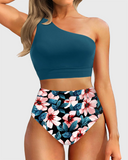 Emoswim - One Shoulder High Waisted Bikini Sets Two Piece Swimsuit Tummy Control-Teal Flower