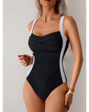 Emoswim – Damen-Badeanzug einteilig, gerafft, Bauchkontrolle, kaschierend, Farbblock-Badeanzug – Schwarz