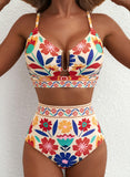 Emoswim - Summer Two Piece Bikini Set U-Wire Cutout High Waisted Swimsuit-Orange Floral
