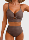 Emoswim - Summer Two Piece Bikini Set U-Wire Cutout High Waisted Swimsuit-Brown