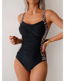 Emoswim - Damen Einteiler Badeanzug gerafft Bauchkontrolle Badeanzug Figurformend Color Block Swimsuit Bademode-Leopard