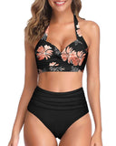 Emoswim - Two Piece Highwaist Bikini Adjustable Clasp Hook Closure Bathing Suit-Black Orange Floral