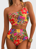 Emoswim - Women's High Waisted Bikini Sets One Shoulder Floral Print Swimsuits 2 piece Tummy Control Bathing Suits