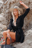 Emoswim-Black Solid Color Tie Sun-proof Belt Sexy V Neck Cover Up