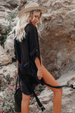 Emoswim-Black Solid Color Tie Sun-proof Belt Sexy V Neck Cover Up
