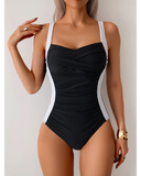 Emoswim – Damen-Badeanzug einteilig, gerafft, Bauchkontrolle, kaschierend, Farbblock-Badeanzug – Schwarz