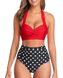 Emoswim - Maillot de bain deux pièces vintage avec bas de bikini échancré - Rouge à pois
