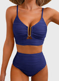 Emoswim - Summer Two Piece Bikini Set U-Wire Cutout High Waisted Swimsuit-Navy Blue