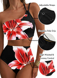 Emoswim - Women's High Waisted Bikini Sets One Shoulder Floral Print Swimsuits 2 piece Tummy Control Bathing Suits