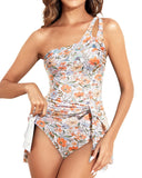 Emoswim - One Shoulder One Piece Swim Dress for Women Tummy Control Swimsuit with Skirt-Orange Floral