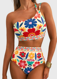 Emoswim - Women's High Waisted Bikini Sets One Shoulder Floral Print Swimsuits 2 piece Tummy Control Bathing Suits