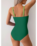 Emoswim - Damen Einteiliger Badeanzug Gerafft Bauchkontrolle Figurformender Farbblock Schwimmanzug Bademode-Grün