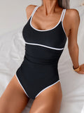 Emoswim-Womens Tummy Control Swimsuit Color Block One Piece Bathing Suits Slimming Double Straps Swimwear High Cut Swim Suit
