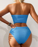 Emoswim-Damen Bandeau High Waisted Bikini Sets gesmokter Badeanzug trägerloser Zweiteiler Bademode Strandbekleidung