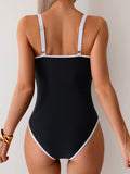 Emoswim - Womens Tummy Control Swimsuit Color Block One Piece Bathing Suits Slimming Double Straps Swimwear High Cut Swim Suit