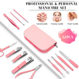 Emoswim-Manicure Pedicure Set, 12 Pcs Nail Care Kit for Women, Mens Nail Grooming Kit, Manicure & Pedicure Tools & Accessories, Pink Nail Kit Manicure Set Luxury Leather Case for Home Salon Use