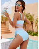 Emoswim – Hochtaillierte Bauchweg-Bikini-Sets mit Farbblock – Himmelblau