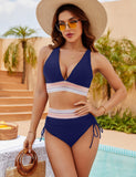 Emoswim-High Waisted Tummy Control Color Block Bikini Sets