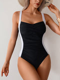 Emoswim-Women One Piece Swimsuit Ruched Tummy Control Bathing Suit Slimming Color Block Swim Suit Swimwear
