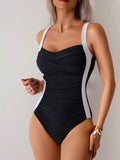 Emoswim-Women One Piece Swimsuit Ruched Tummy Control Bathing Suit Slimming Color Block Swim Suit Swimwear
