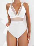 Emoswim-Women Plus Size One Piece Swimsuit V Neck Mesh Sheer Tummy Control Bathing Suit