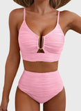 Emoswim - Summer Two Piece Bikini Set U-Wire Cutout High Waisted Swimsuit-Light Pink