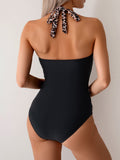 Emoswim-Maillot de bain une pièce pour femme, motif léopard, licou, col en V, sexy, contrôle du ventre, push-up, avec liens dorsaux
