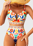 Emoswim - Summer Two Piece Bikini Set U-Wire Cutout High Waisted Swimsuit-Orange Floral
