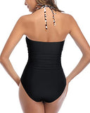 Emoswim - Maillot de Bain Amincissant Une Pièce Taille Haute Col Halter Avec Nœud Sur Le Devant Et Découpes-Noir Et Léopard
