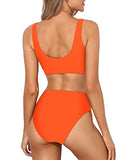Emoswim - Zweiteiliger Bikini mit Rundhalsausschnitt und High-Waist-Hose für langen Oberkörper - Neon-Orange