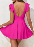 Emoswim-Women's One Piece Swimsuit Ruffle Cutout Swimdress Tummy Control V Neck Wrap Swimwear-Rose