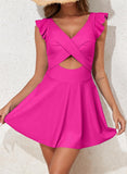 Emoswim-Women's One Piece Swimsuit Ruffle Cutout Swimdress Tummy Control V Neck Wrap Swimwear-Rose