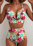 Emoswim - 2026 Summer Two Piece Bikini Set U-Wire Cutout High Waisted Swimsuit-Blue Floral