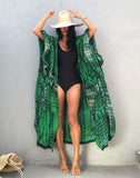 Emoswim-Green Hooded Printed Beach Vacation Swimsuit Cover Up