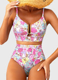 Emoswim - Summer Two Piece Bikini Set U-Wire Cutout High Waisted Swimsuit-Pink Floral