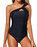 Emoswim - Asymmetrischer Schnitt & Bauchkontrolle Zweiteiliger Tankini Badeanzug für Damen-Schwarz