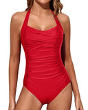 Emoswim - Ruched Pattern Swimsuits Halter Vintage Swimwear-Red