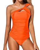 Emoswim – Damen 2-teiliger Tankini, asymmetrisches One-Shoulder-Oberteil & Shorts – Neongelb