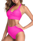 Emoswim - Maillots de bain bikini pour femmes avec panneau frontal plissé taille haute - Rose néon
